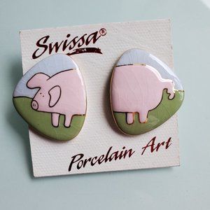 Swissa Crackle Porcelain Painted PIG Stud Earrings NEW